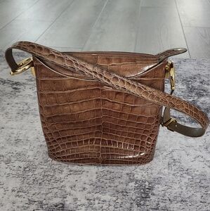 Gianfranco FERRE Vintage $1,990 Leather Croc Embossed Shoulder Bag Brown Gold